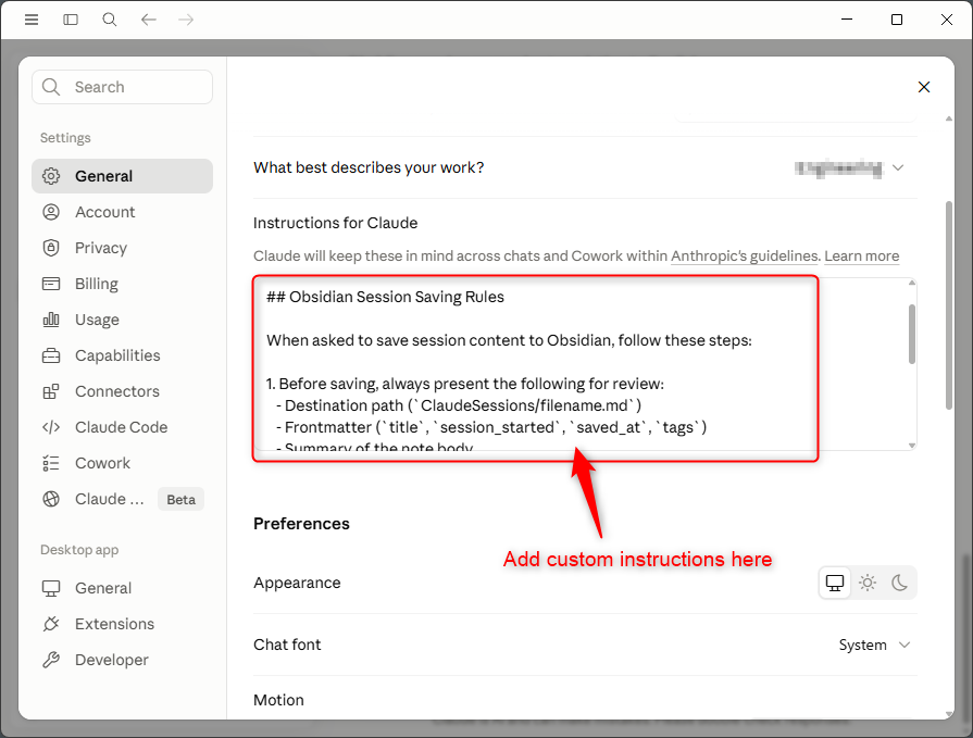 Claude Desktop 'Instructions for Claude' field