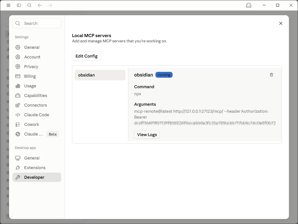 Claude Desktop with MCP server enabled