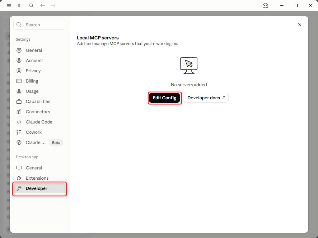 Claude Desktop Developer tab (Edit Config button)